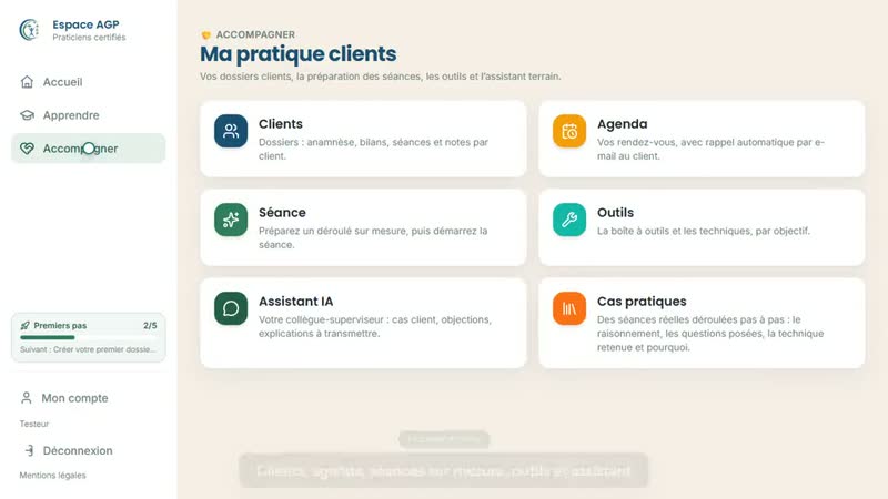 Démonstration de l'Espace Praticiens AGP : formation, assistant IA et accompagnement des clients (compte de test)
